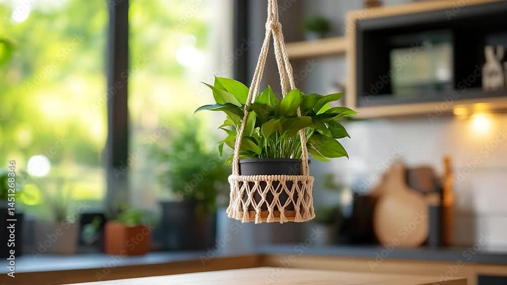 Aufkleber a hanging plant in a macrame pot is centered in a kitchen setting with bright green foliage and blur