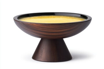 Elegant wooden bowl filled with creamy soup, set against a minimalist white background
