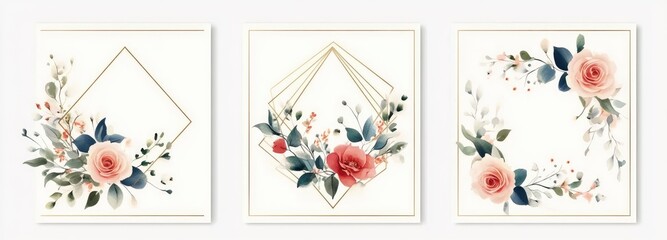 Elegant Floral Arrangements: Watercolor Roses in Geometric Gold Frames