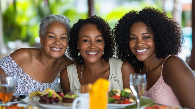 Three Happy Multigenerational Women Enjoying a Meal Outdoors