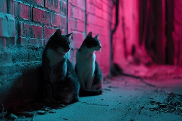 Neon lit dystopian alley cats with cinematic lighting and space for text below
