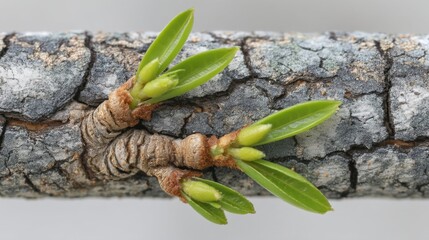 Close up of fresh green leaves and buds sprouting from a weathered tree branch
