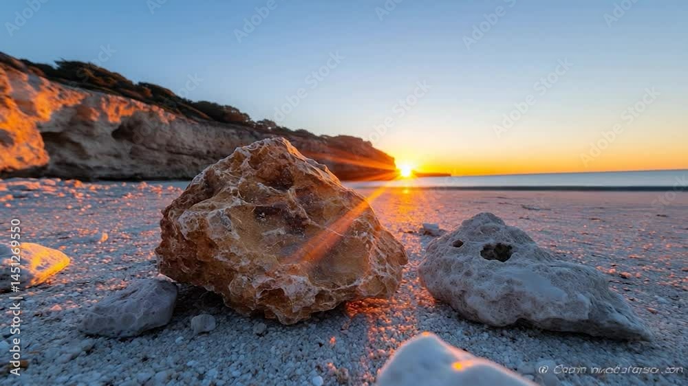 Aufkleber coastal sunset scene featuring textured rocks on a pebble beach with the sun setting over the ocean 