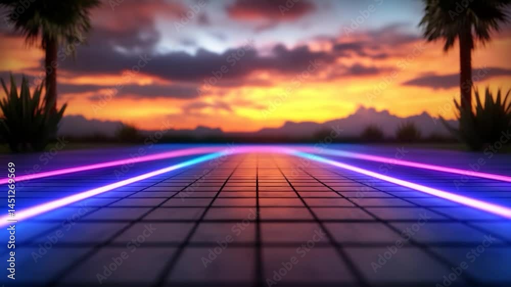 Aufkleber Glowing neon grid with generic trees at sunset. Cyberpunk landscape with vibrant pink and blue lights. Retrofuturistic atmosphere with mountains in the background
