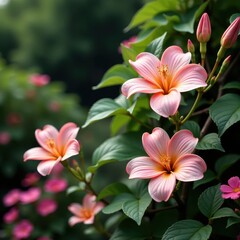 Fototapeta premium Rose gold metallic flowers in a garden setting amidst foliage and vines, vines, garden