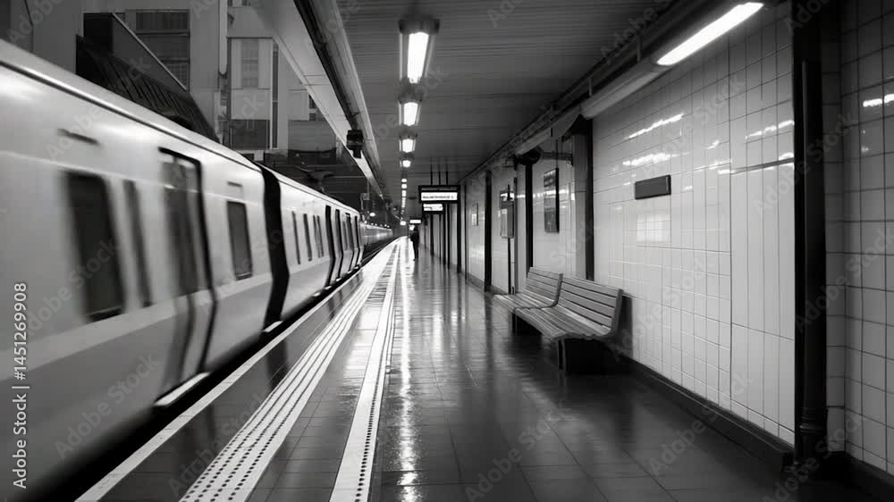 Poster a black and white subway station scene a train enters frame. the platform and walls are tiled and th