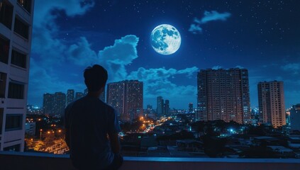 Fototapeta premium Solitude Under the Moonlit Cityscape: A Nighttime Contemplation