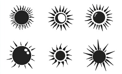 Fototapeta premium Six Stylized Sun Icons: Simple Black and White Solar Designs