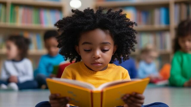 A young black child reading a book in a library.