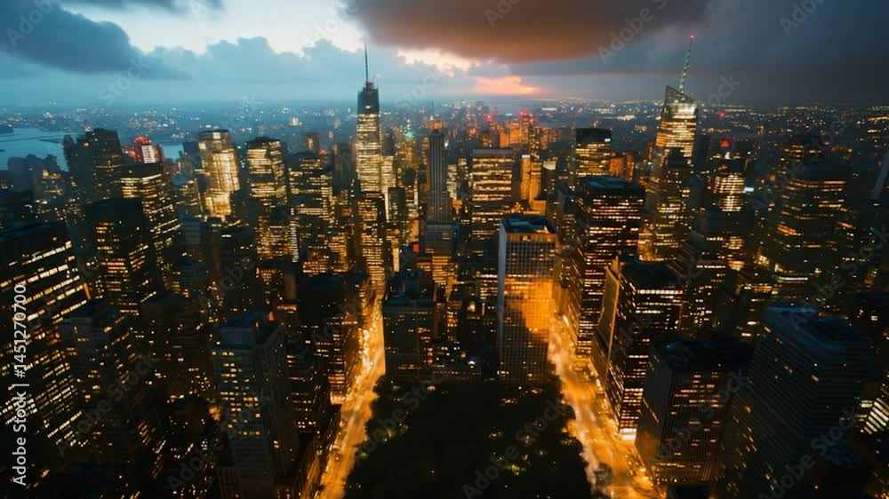 Aufkleber aerial view of a cityscape with illuminated skyscrapers at dusk. clouds dominate the sky with warm o