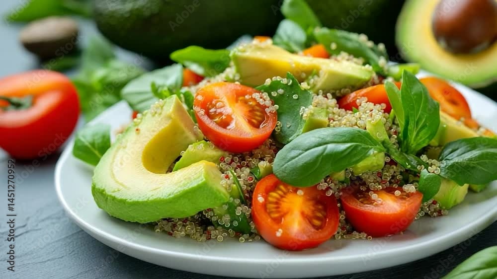 Poster close-up of a vibrant healthy salad featuring avocado tomatoes and fresh basil leaves arranged on a 