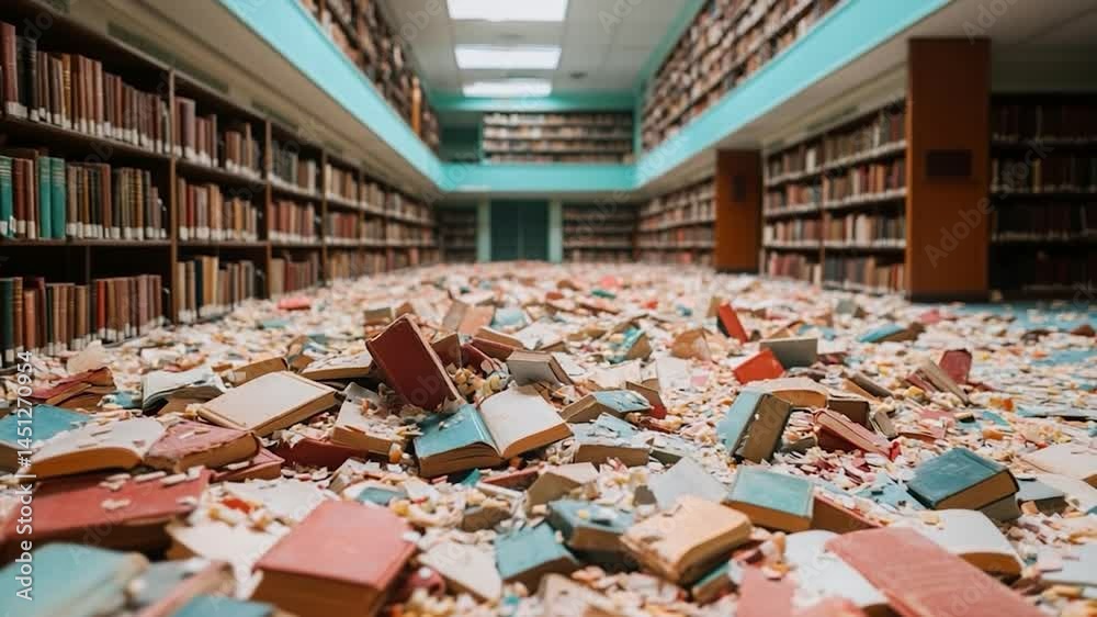 Poster Low angle view of interior flooded with scattered open books and debris in a vibrant color palette with bookshelves and a turquoise ceiling