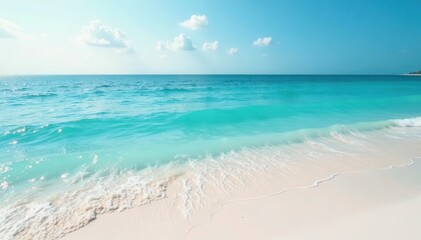 Fototapeta premium Serene ocean waves gently lapping at white sandy shore , calm, sun