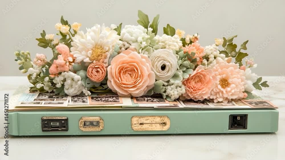 Fototapete a meticulously arranged still life featuring an array of colorful flowers atop a vintage-style suitc