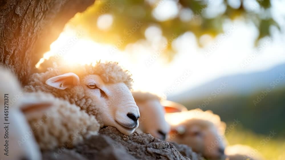 Poster close up of sheep under the tree. sunny day and soft light on the scene. calm and peacefull moment. 