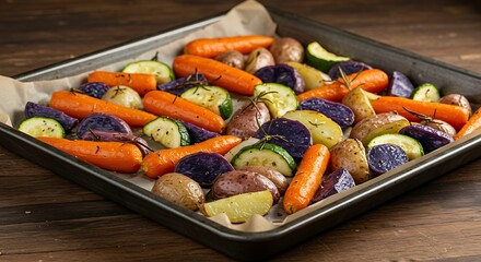 A sheet pan of perfectly roasted rainbow vegetables - carrots, bell peppers, zucchini, and purple potatoes - with rosemary and olive oil. Crispy edges, warm oven lighting, rustic wood background