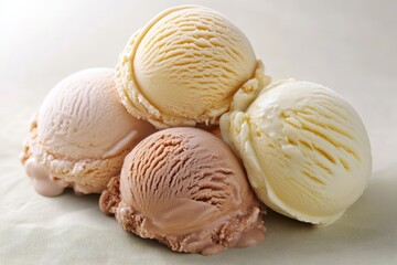 Four scoops of creamy ice cream in pastel colors arranged on a light background