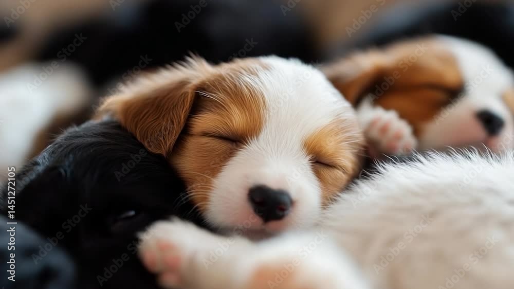 Poster close-up of sleeping puppies with brown white and black fur. focus on a sleeping puppy with closed e