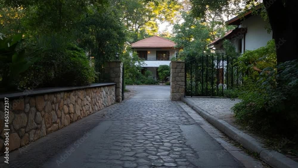 Poster pathway leading to a residential property with stone walls gate and houses with surrounding greenery