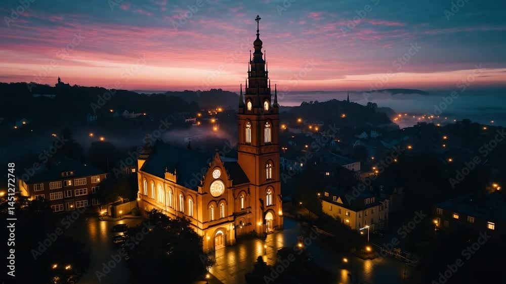 Aufkleber Aerial view of a church illuminated against a dusk sky in a town with atmospheric fog. The building showcases architecture with surrounding buildings and trees