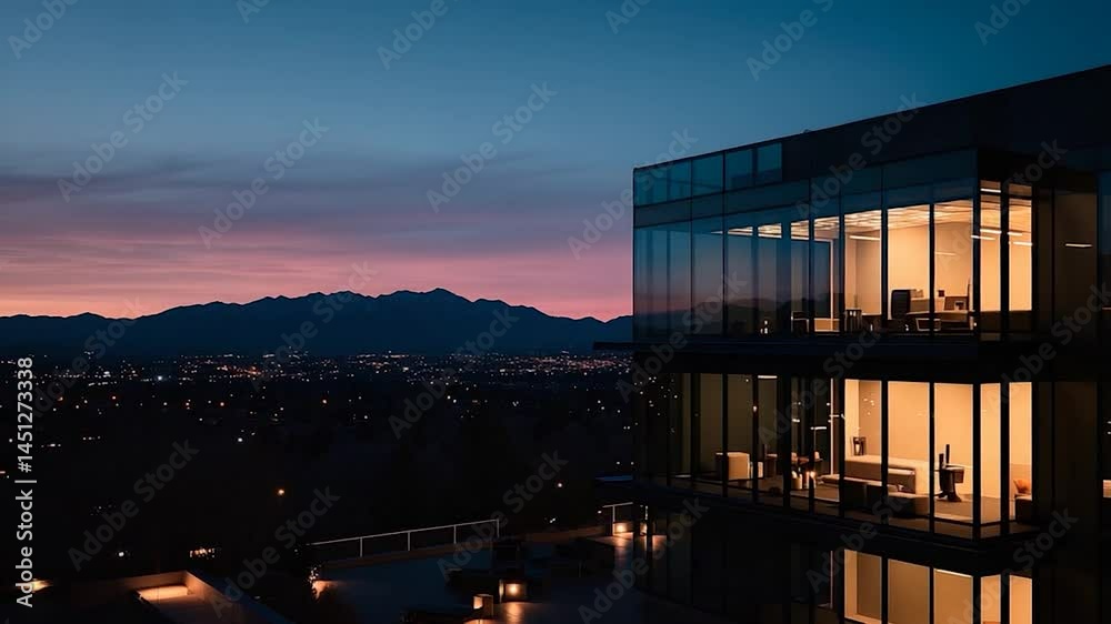 Aufkleber exterior dusk shot of a modern structure with panoramic windows overlooking a city and mountains. si