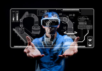 Man in Virtual Reality Glasses Interacting with Advanced Robotic Arm Technology in a Studio Environment