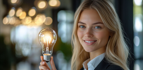 Bright ideas begin with belief, Confident woman in business attire holds glowing light bulb her expression calm, as if a spark of innovation has just lit up inside.