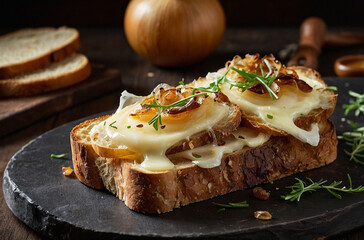 Delicious melted cheese crostini topped with caramelized onions and fresh rosemary sprigs