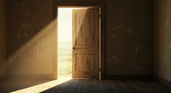 A partially open wooden door with sunlight streaming into a dimly lit room with wooden floors and walls technology, business, data, innovation