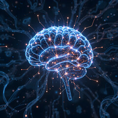 Fototapeta premium Glowing neural network visualization with interconnected nodes and flowing signals.