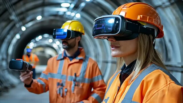 Workers using virtual reality technology in a tunnel, enhancing safety training with immersive simulations