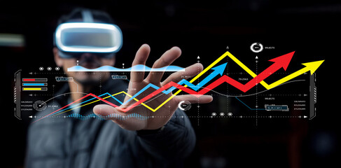 Futuristic Virtual Reality Experience with User Interacting with Data Visualization Graphs and...