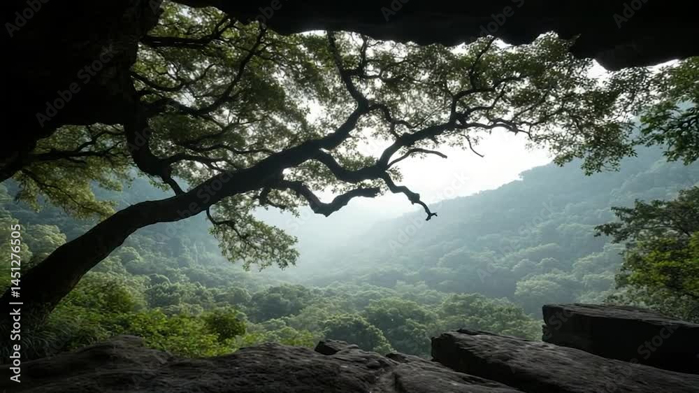 Aufkleber a dramatic landscape shot showcasing a lush green forest and mountains partially obscured by mist vi