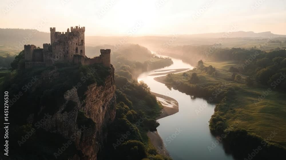 Poster a structure on a cliff overlooking a serene river landscape under soft morning light. green trees an