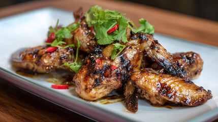 Grilled BBQ Chicken Wings on a Plate with Fresh Garnishes