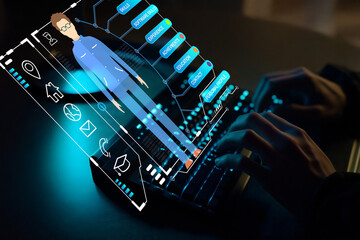 Futuristic Digital Interface with Virtual Character and Hands Typing on Keyboard in Dark...
