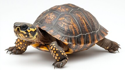 Eastern box turtle walking to the side, isolated on white background, full body profile 