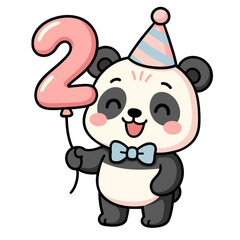 Fototapeta premium Cute Kawaii Panda Holding Number 2 Balloon - Cartoon Birthday Animal Illustration with Party Hat 