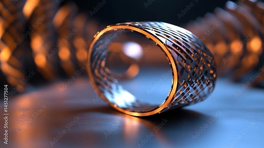 Poster A close-up of an abstract metallic ring with an intricate lattice design illuminated by warm orange and cool blue lighting creating depth and visual appeal