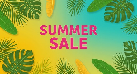 Obraz premium Summer Sale with Tropical Leaves on Colorful Background