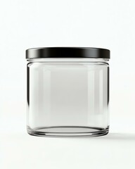 A photorealistic mockup of a blank cosmetic jar with a lid, realistic glass, clean white background, soft lighting