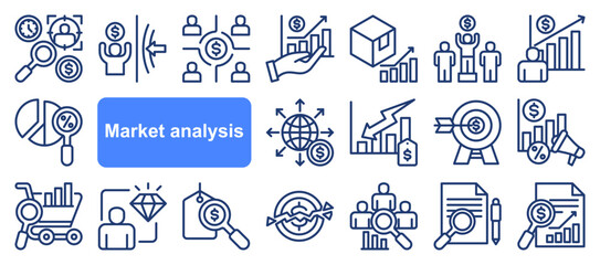 Market research icon collection set. Containing segmentation, trends, penetration, buyer personas, data, sales, analysis icon. Simple  vector.