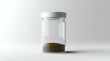A photorealistic mockup of a blank spice jar with a shaker top, realistic glass, clean white background, soft lighting
