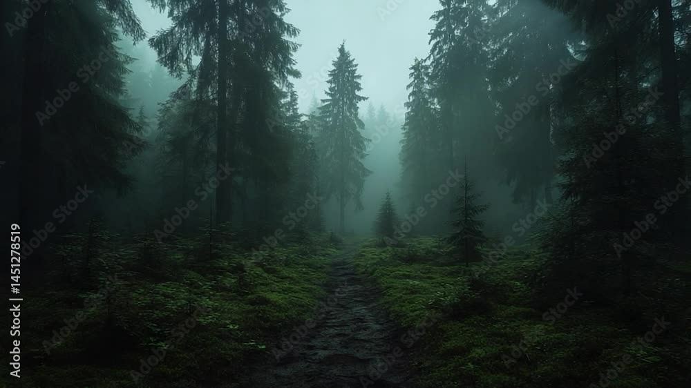 Aufkleber Eerie forest scene with a path surrounded by dense trees shrouded in mist. The lush green undergrowth and tall trees create a mysterious and moody atmosphere