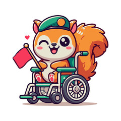 Cartoon of a War Veteran Squirrel in a Wheelchair Holding a Flag on a White Background