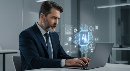 A man in a suit is typing on a laptop with an ai graphic overlay in an office environment setting technology, business, data, innovation