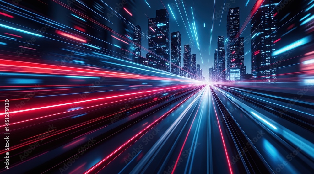 Poster A futuristic cityscape with dynamic light trails and skyscrapers, creating a sense of speed and advanced technology.
