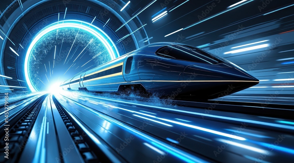 Poster futuristic high-speed train racing through a glowing tunnel with blue neon lights and dynamic motion