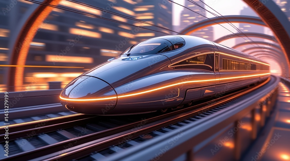 Poster a sleek, modern high-speed train speeds through a futuristic city with glowing lights and advanced a