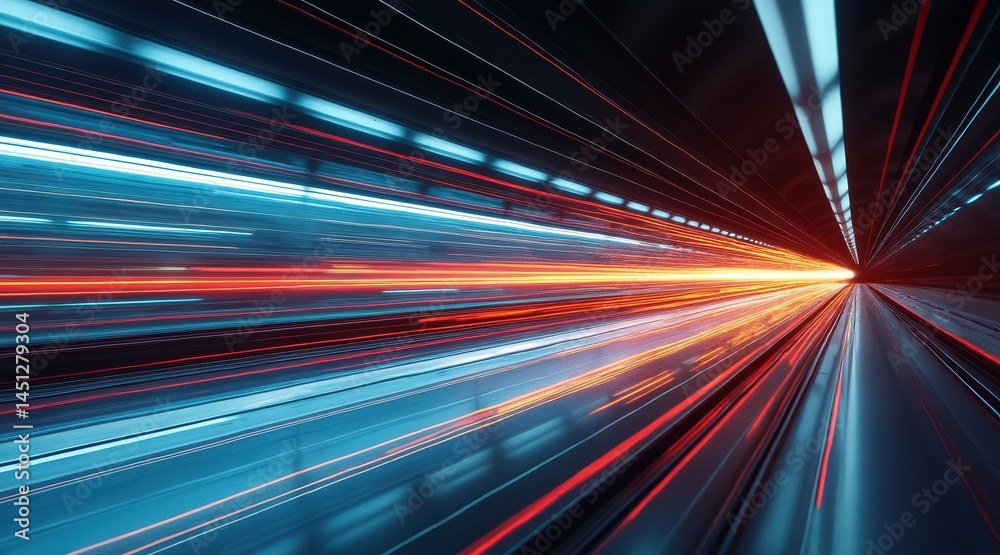 Poster Futuristic tunnel with vibrant blue and red light trails, creating a sense of speed and motion.